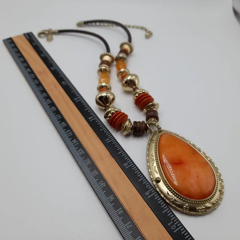 Chico's Beaded Gemstone Pendant Necklace, Leather Cord, 21 1/2
